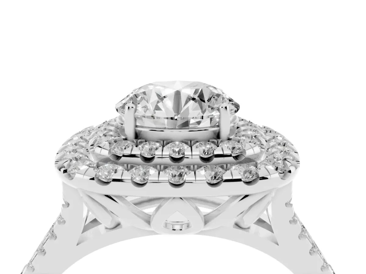 Double Halo Round Cut Diamond Pavé Split Shank Ring with Prong Setting Silver