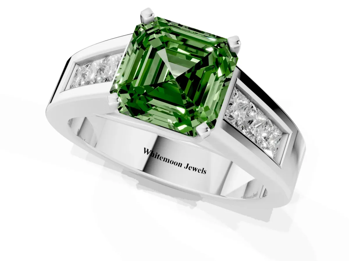 Fancy Green Asscher Cut Cut Channel Set Solitaire Ring with Four-Prong Setting Platinum