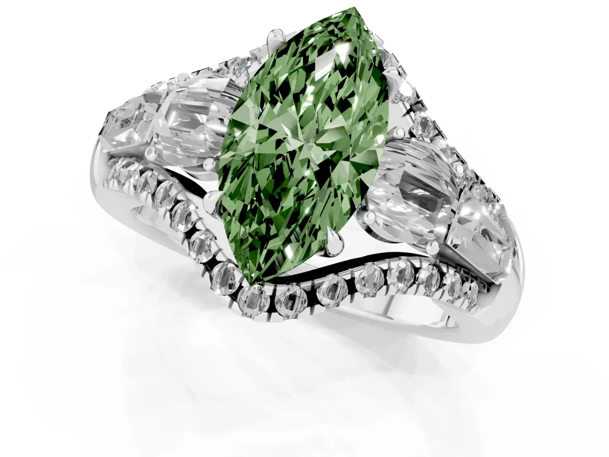 Fancy Green Three-Stone Marquise Cut Diamond Engagement Ring with Pave Band and Prong Setting Silver