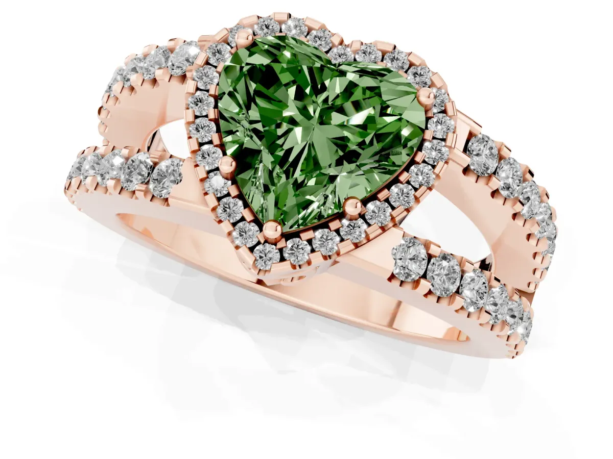 Fancy Green Heart Cut Cut Halo Split Shank Diamond Ring with Four-Prong Setting Rose gold