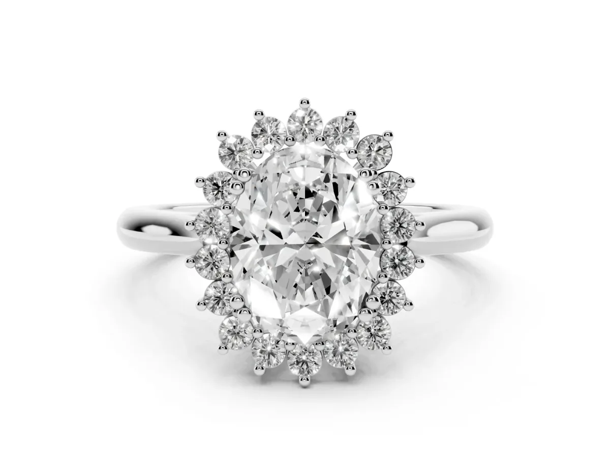 Oval Cut Cut Diamond Halo Ring with Solitaire Band and Prong Setting Silver
