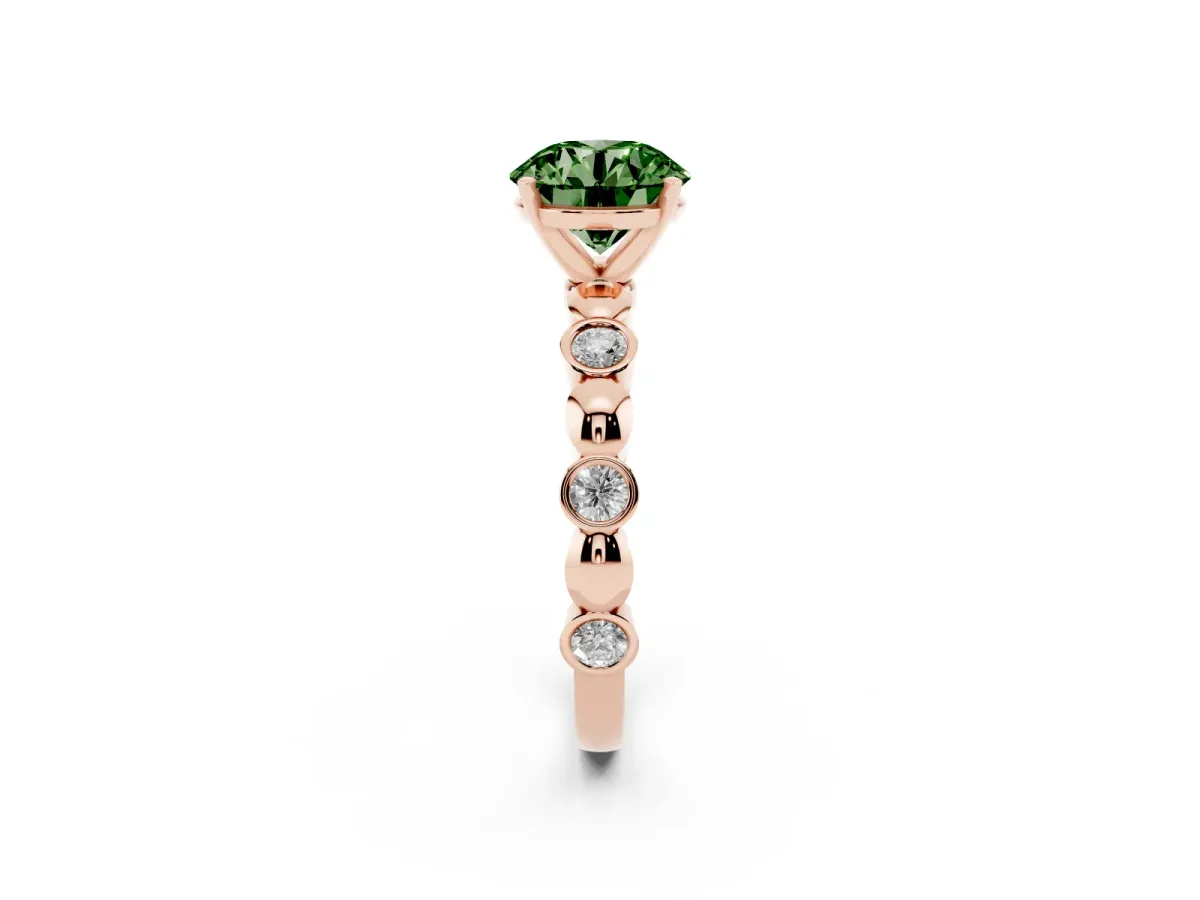 Fancy Green Round Cut Solitaire Bezel-Set Diamond Ring with Beaded Band and Four-Prong Setting Rose gold