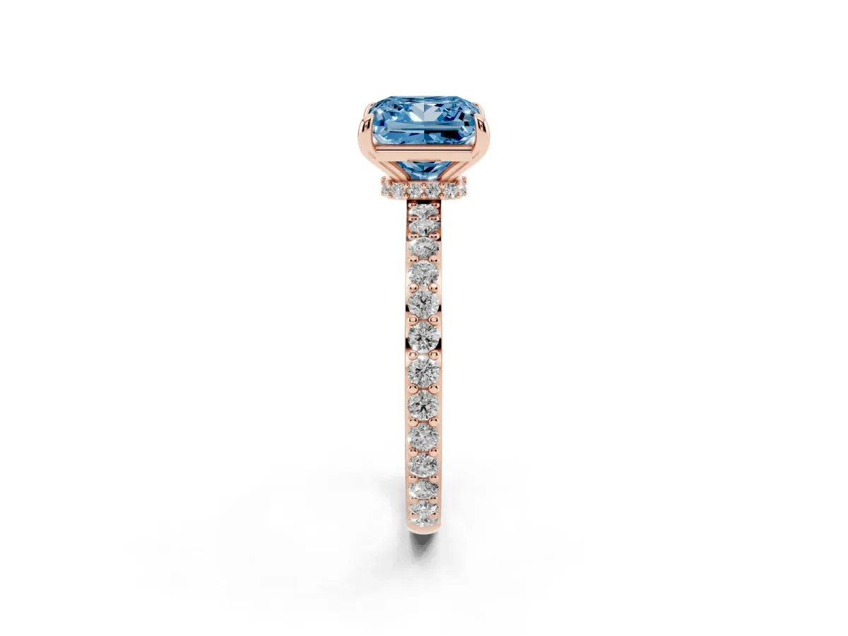 Fancy Blue Princess Cut Diamond Pavé Engagement Ring with Round Accents and Prong Setting Rose gold