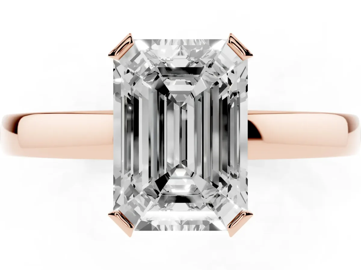 Emerald Cut Cut Solitaire Ring with Four-Prong Setting and Classic Band Rose gold