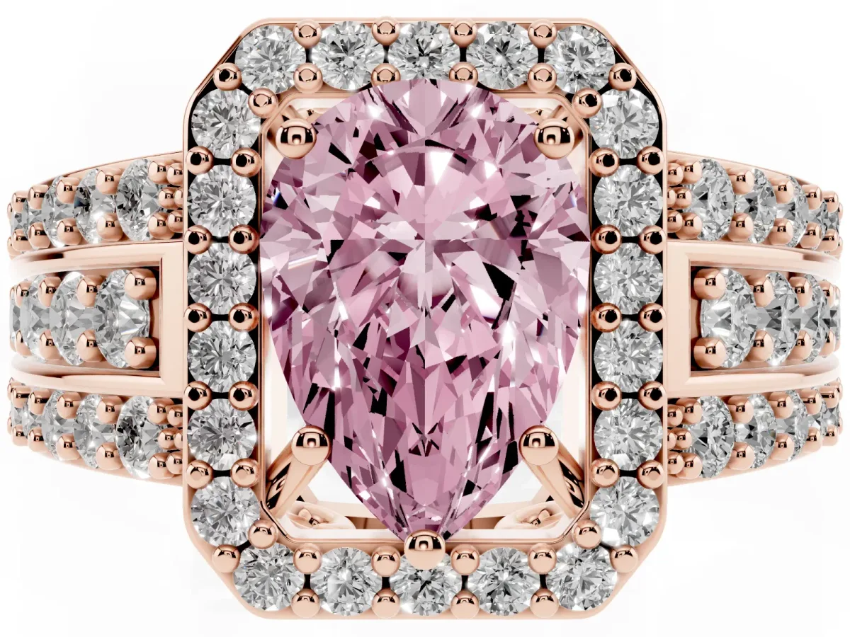 Fancy Pink Pear Cut Halo Diamond Ring with Round Split Shank and Prong Setting Rose gold