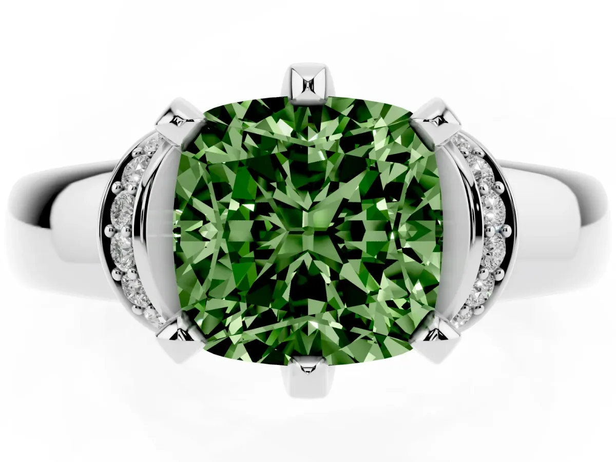 Fancy Green Cushion Cut Solitaire Diamond Ring with Pave Band and Six-Prong Setting Platinum