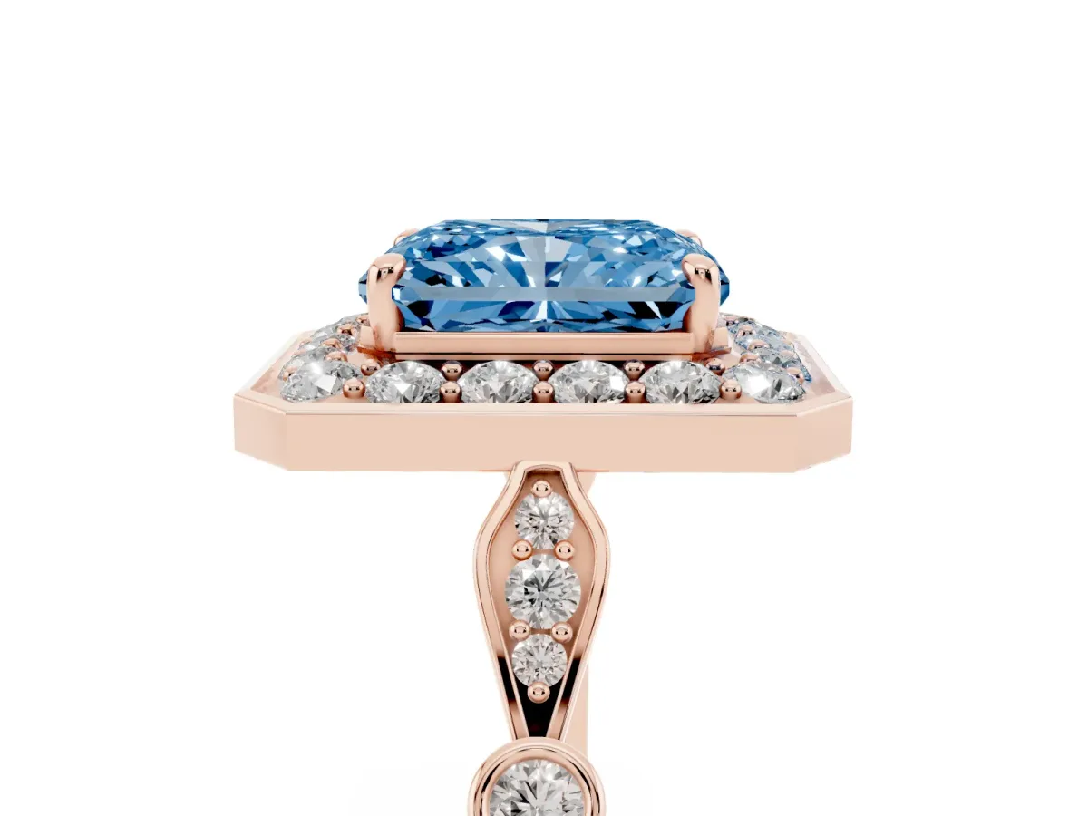 Fancy Blue Radiant Cut Halo Diamond Engagement Ring with Twisted Band and Four-Prong Setting Rose gold
