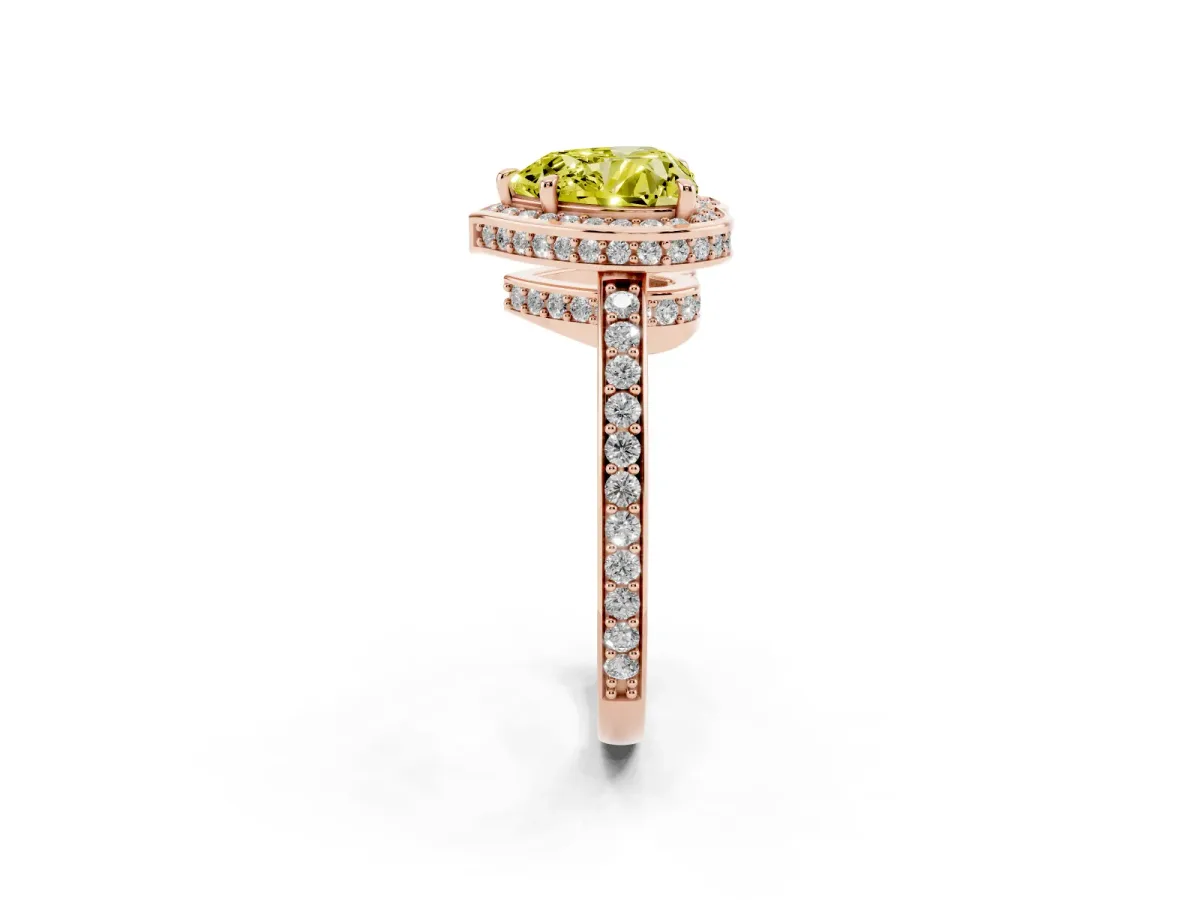 Fancy Yellow Heart Cut Halo Pave Band Solitaire Ring with Prong Setting Rose gold