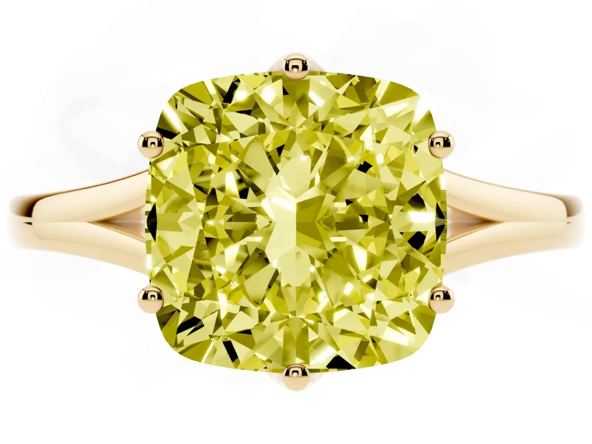 Fancy Yellow Cushion Cut Solitaire Diamond Ring with Six-Prong Setting and Tapered Band Yellow gold