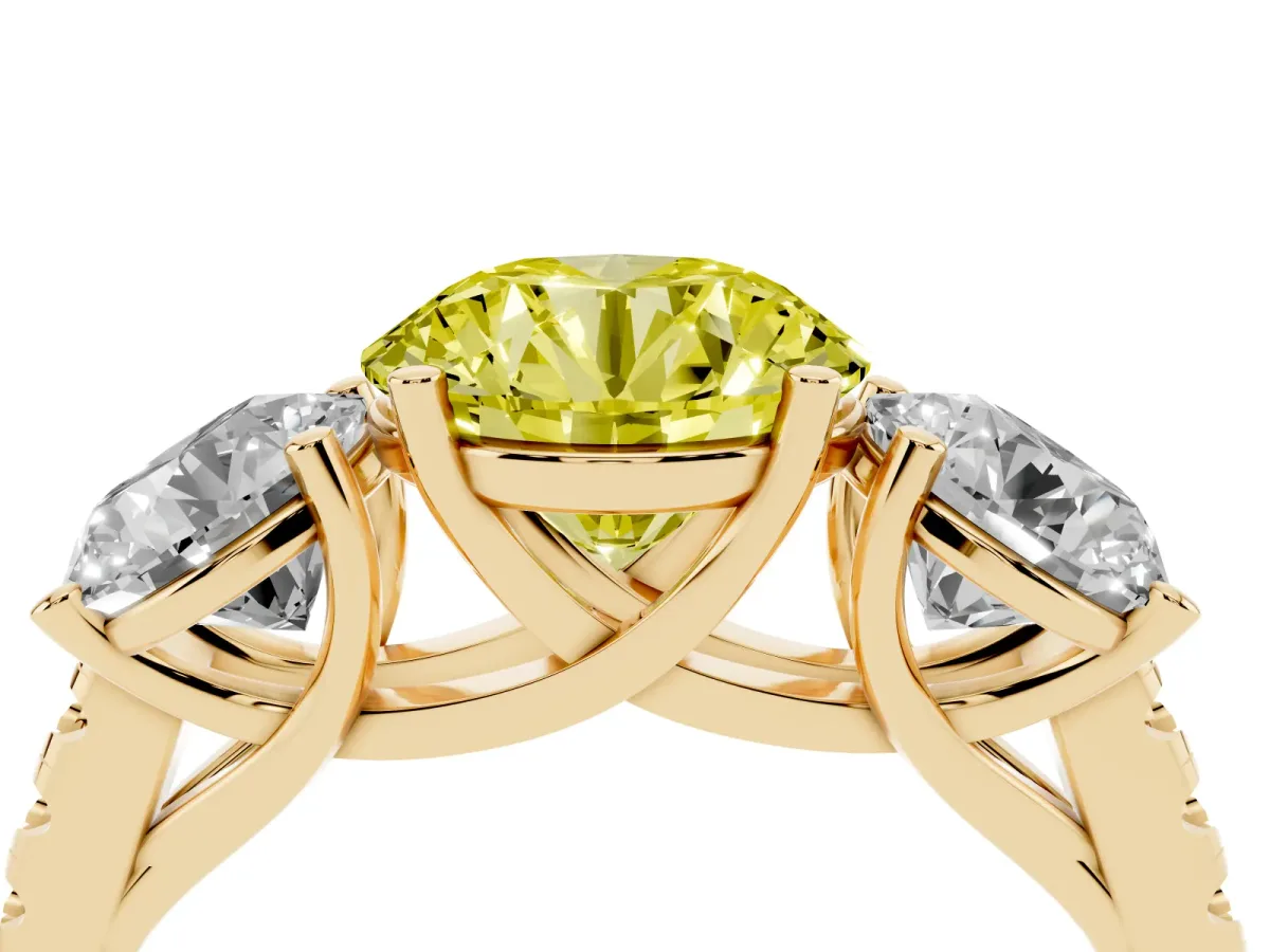 Fancy Yellow Three-Stone Round Cut Diamond Ring with Round Pavé Band and Prong Setting Yellow gold