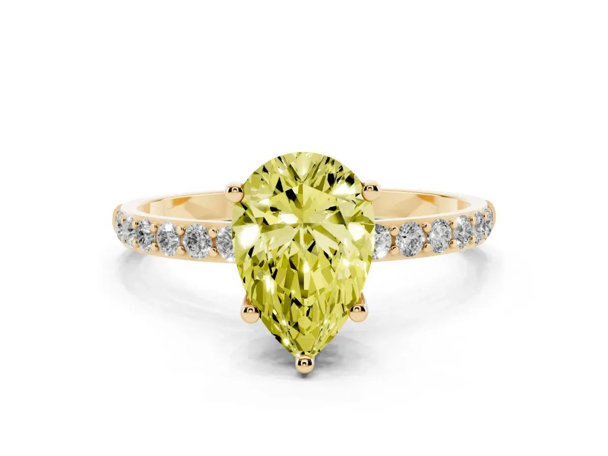 Fancy Yellow Pear Cut Diamond Solitaire Ring with Round Pavé Shoulders and Prong Setting Yellow gold