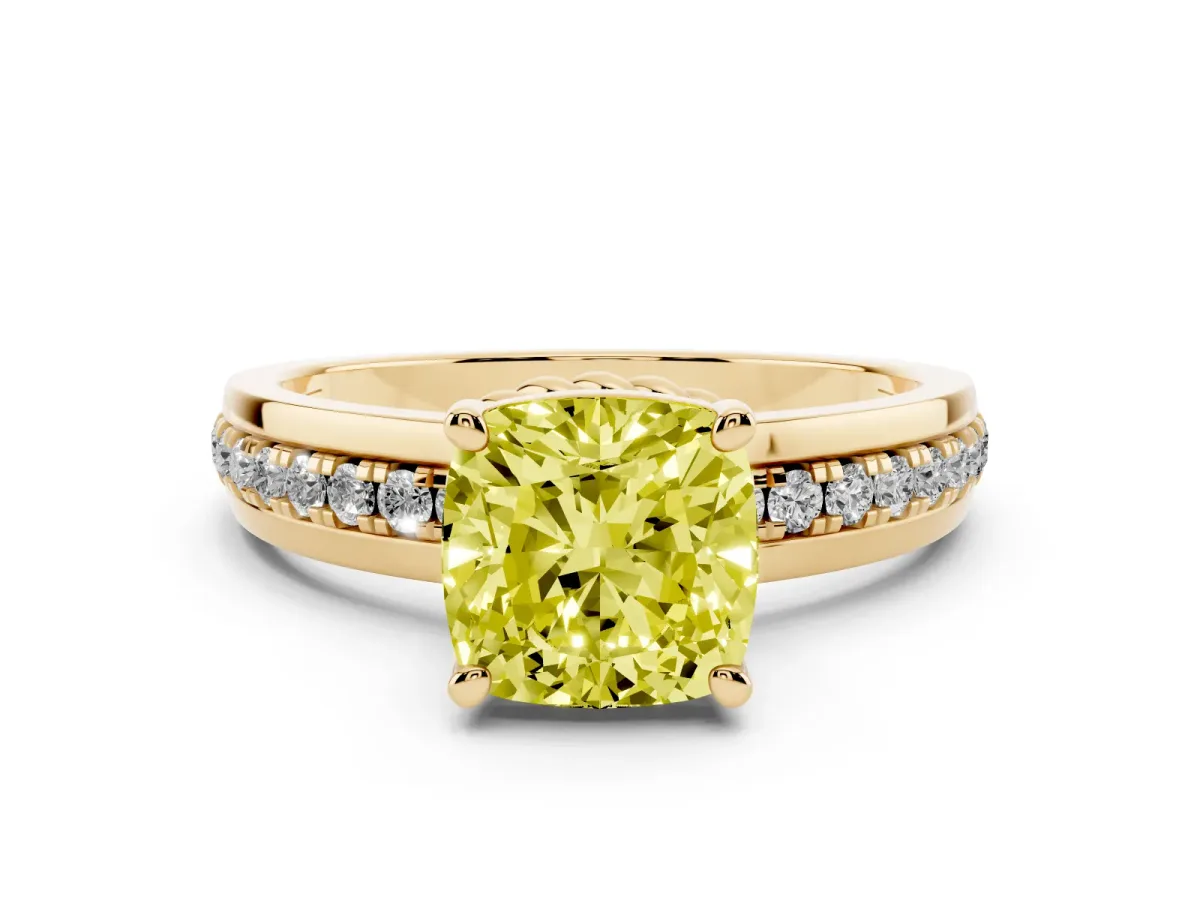 Fancy Yellow Cushion Cut Solitaire Diamond Ring with Channel Set Band and Six-Prong Setting Yellow gold