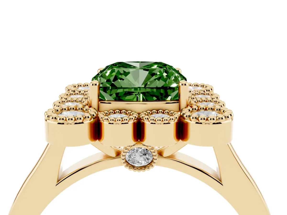 Fancy Green Cushion Cut Halo Diamond Cluster Engagement Ring with Milgrain Bezel Setting and Solitaire Band Yellow gold
