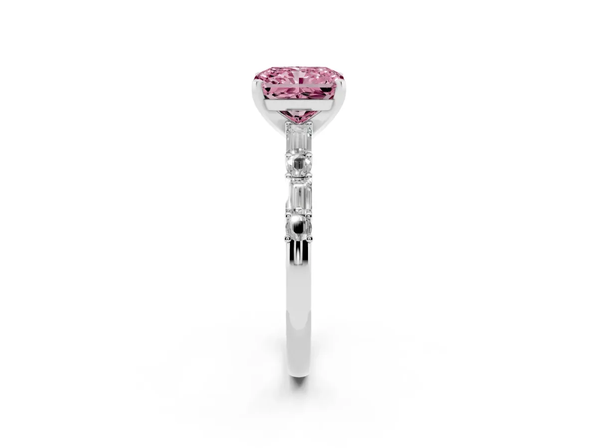 Fancy Pink Radiant Cut Diamond Solitaire with Side Baguettes and Channel Set Band White gold