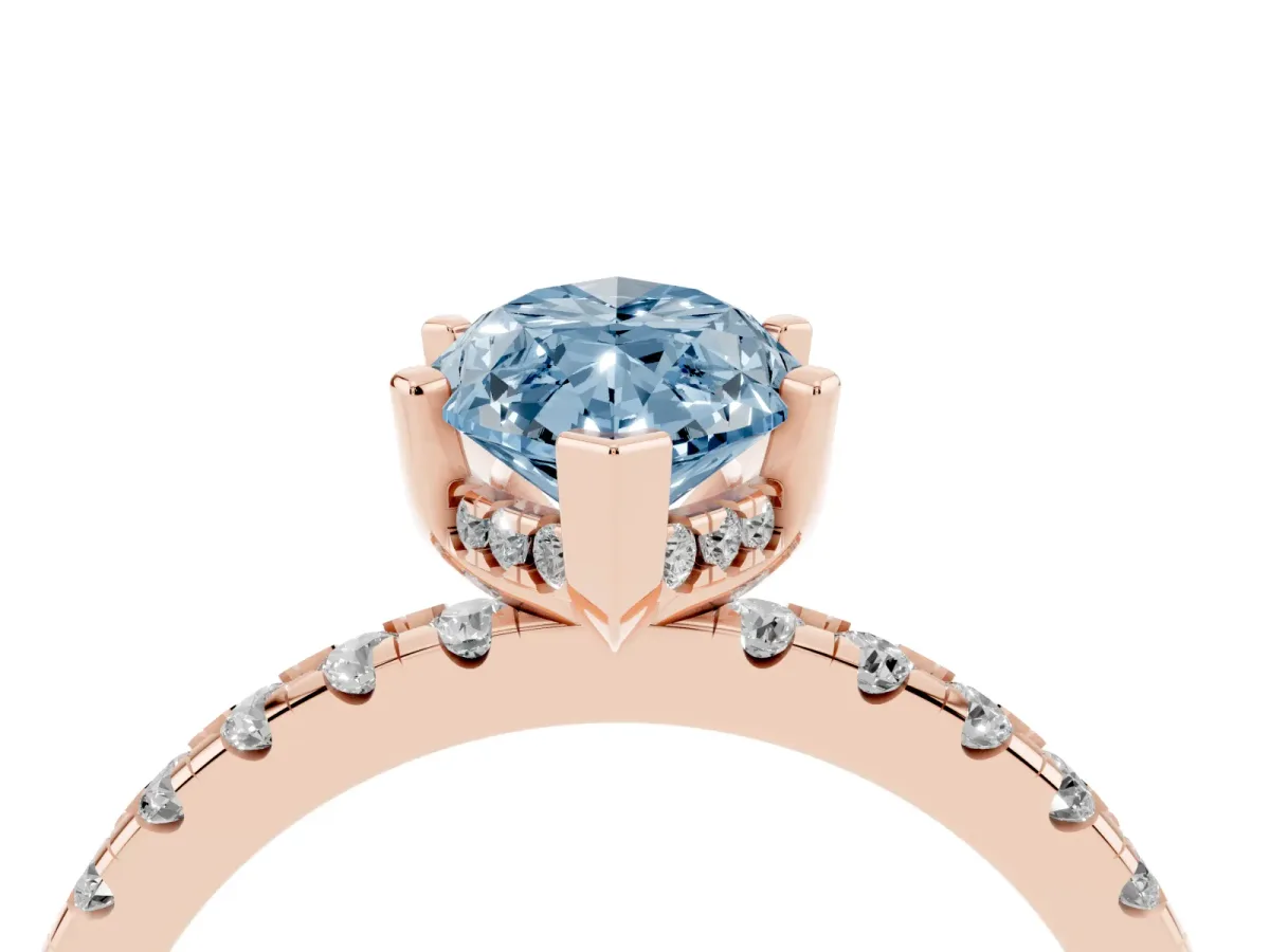 Fancy Blue Marquise Cut Diamond Solitaire Ring with Round Pavé Band and Four-Prong Setting Rose gold