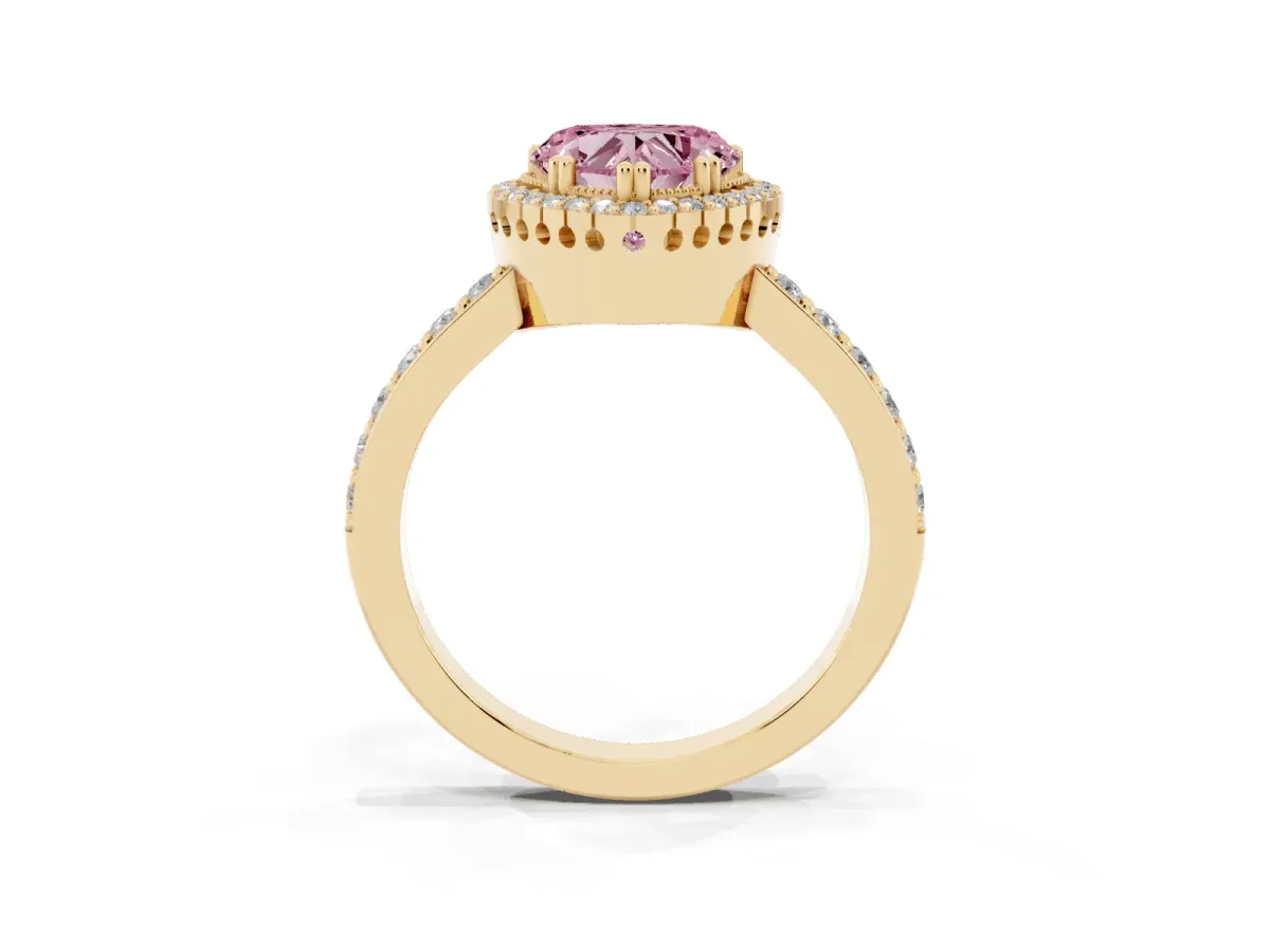 Fancy Pink Heart Cut Cut Diamond Halo Engagement Ring with Milgrain Detail and Pavé Band Yellow gold