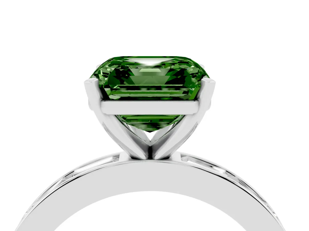 Fancy Green Asscher Cut Solitaire Diamond Ring with Channel-Set Baguette Band and Four-Prong Setting Platinum