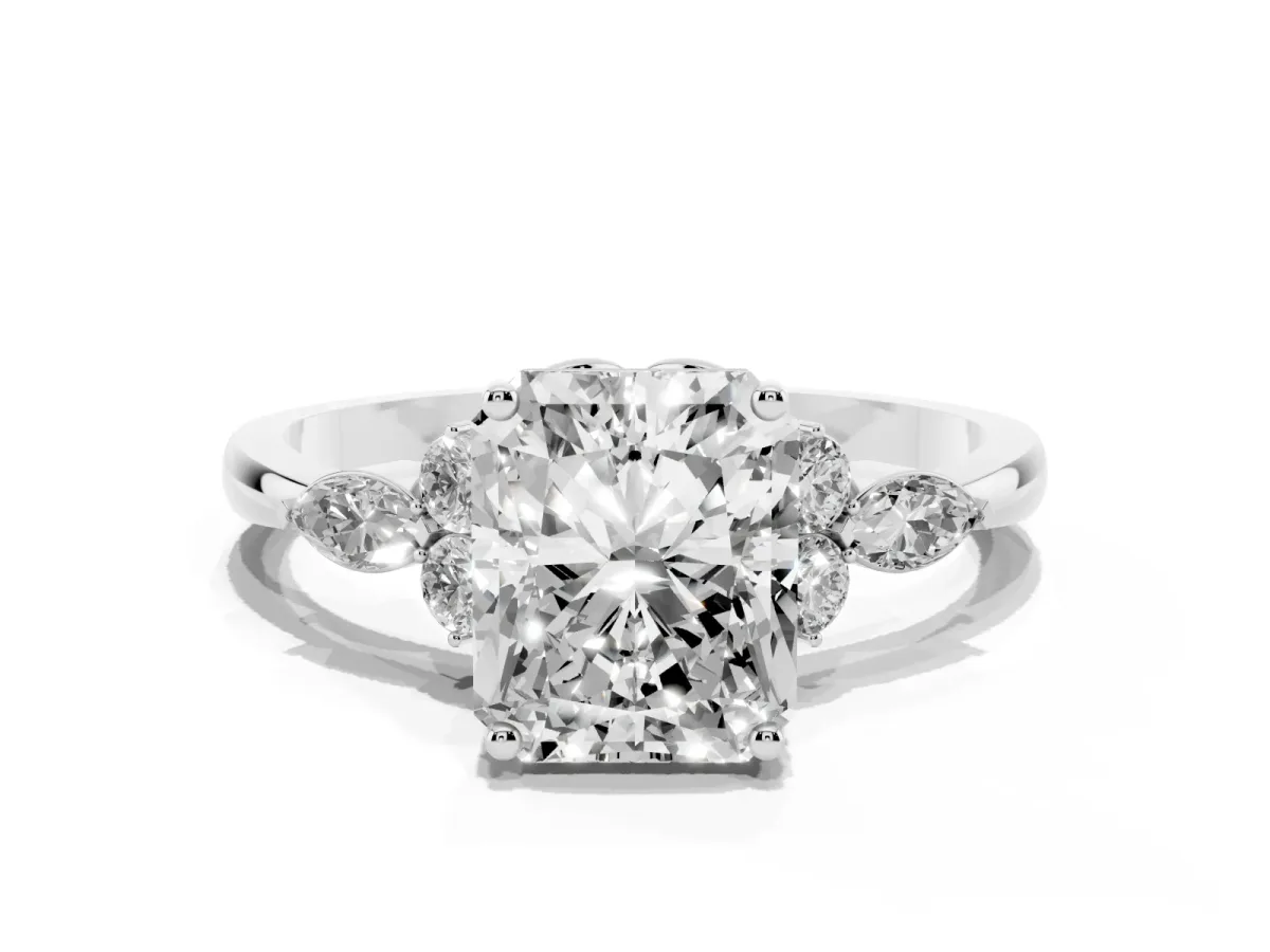 Radiant Cut Brilliant Diamond Solitaire Ring with Pear Side Stones and Four-Prong Setting Silver