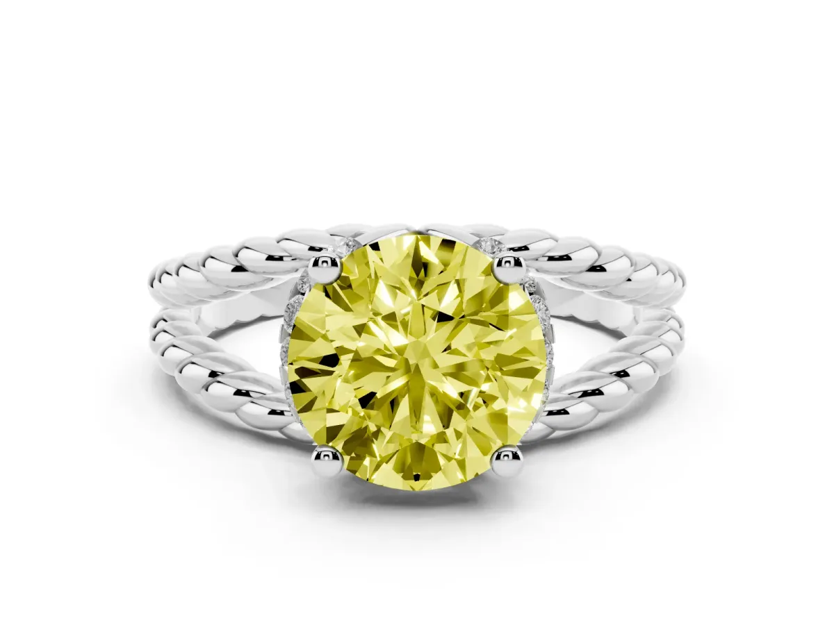 Fancy Yellow Round Cut Halo Twisted Band Four-Prong Ring Silver