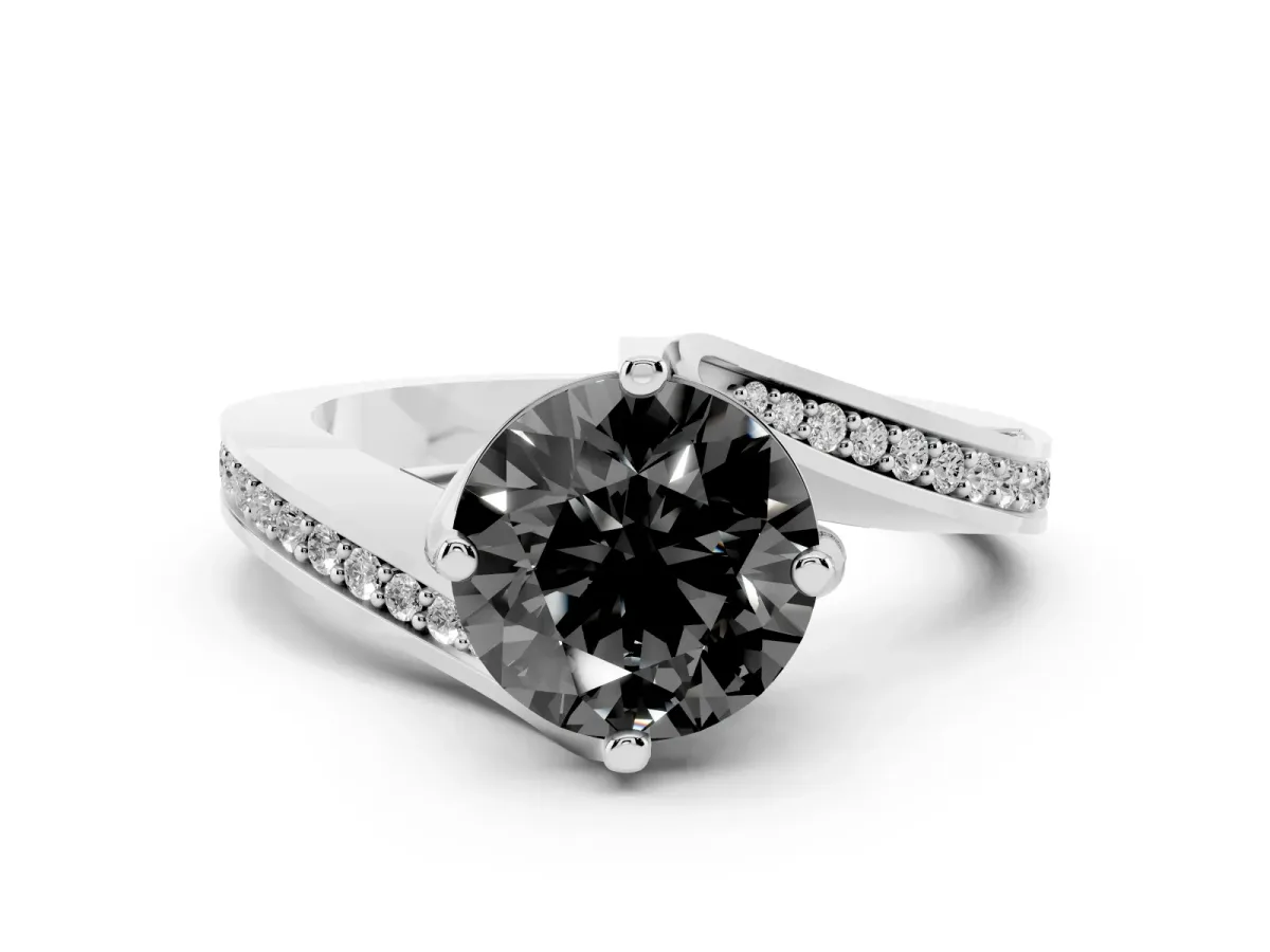 Fancy Black Round Cut Solitaire Diamond Twist Band with Pavé Setting and Four-Prong Setting Silver