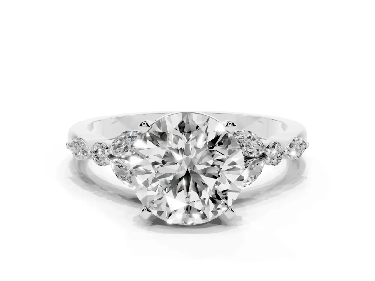 Round Cut Diamond Solitaire Ring with Side Stones and Four-Prong Setting White gold