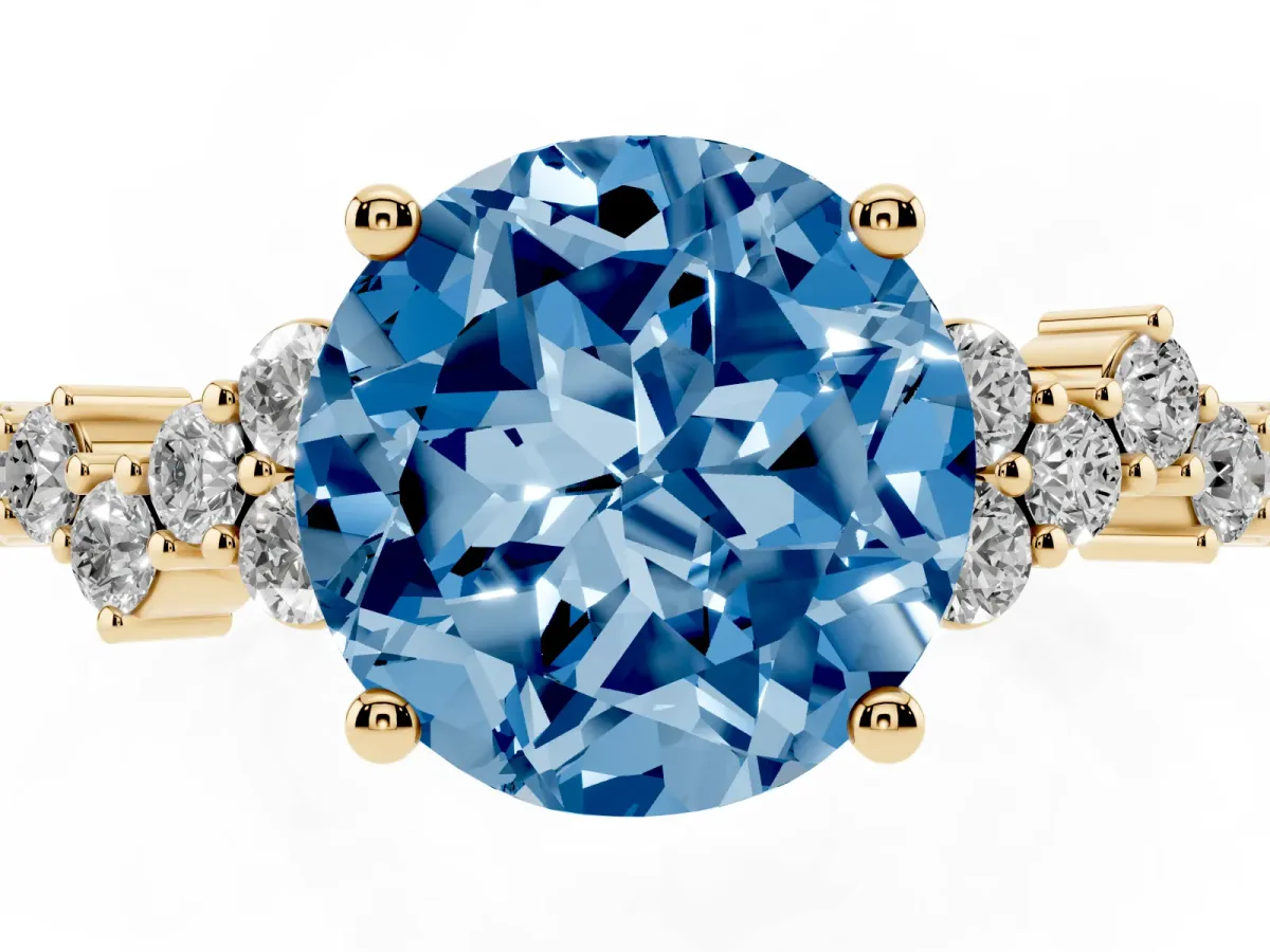 Fancy Blue Round Cut Diamond Scattered Round Accent Ring with Prong Setting Yellow gold