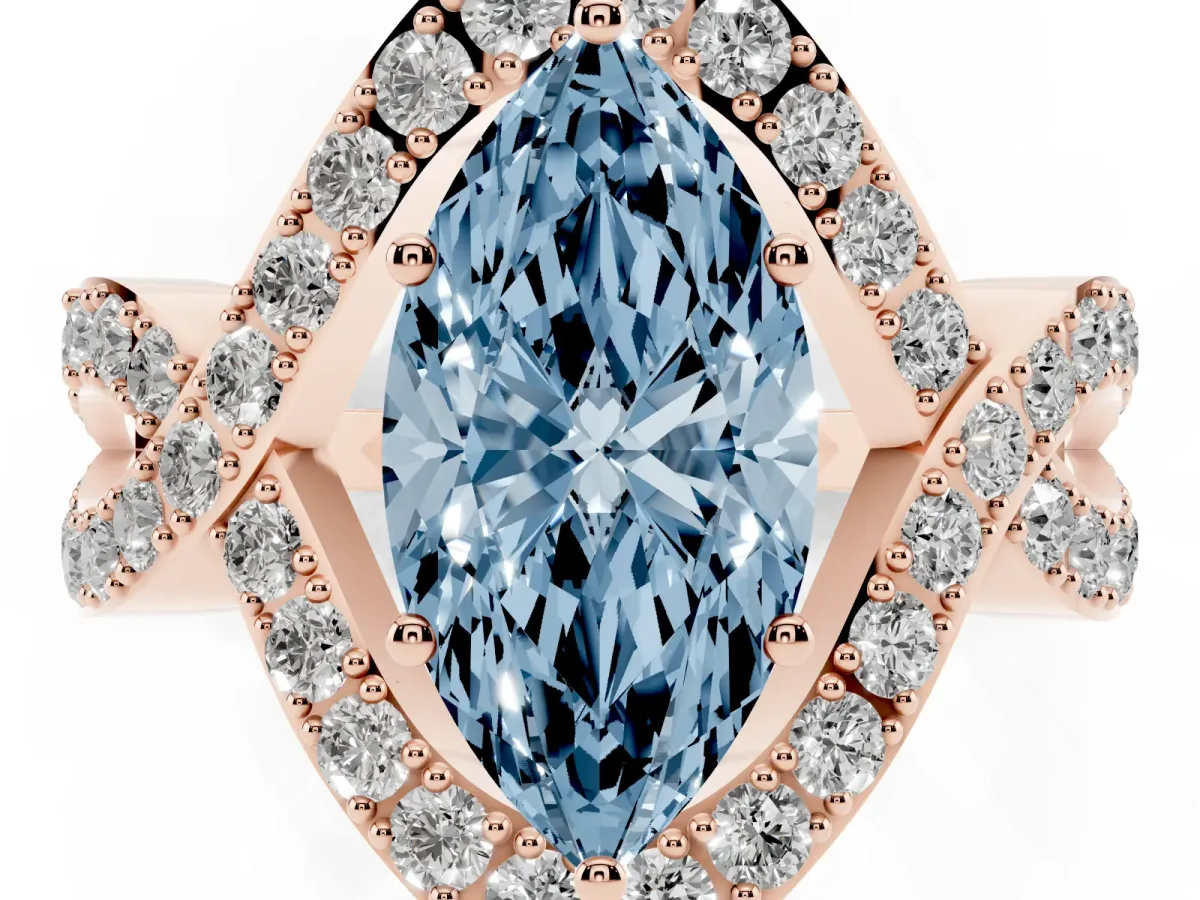Fancy Blue Marquise Cut Solitaire Twist Band Pavé Diamond Engagement Ring Rose gold