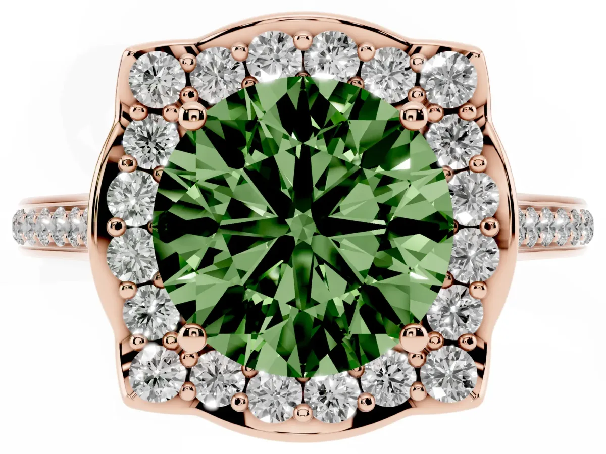 Fancy Green Round Cut Halo Round Diamond Pave Band with Four-Prong Setting Rose gold