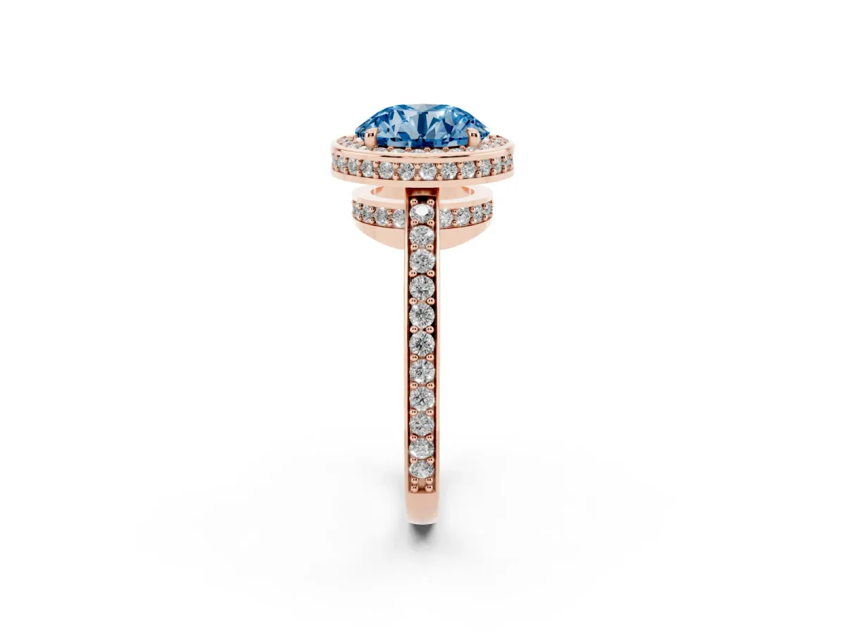 Fancy Blue Round Cut Halo Pave Band Solitaire Ring with Prong Setting Rose gold