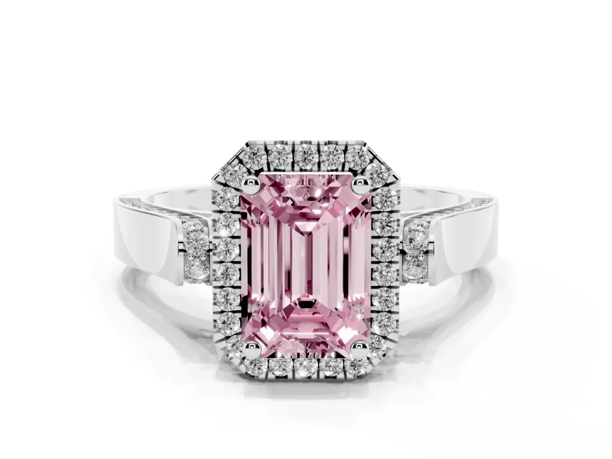 Fancy Pink Emerald Cut Halo Pave Split Shank Prong Setting Ring Silver
