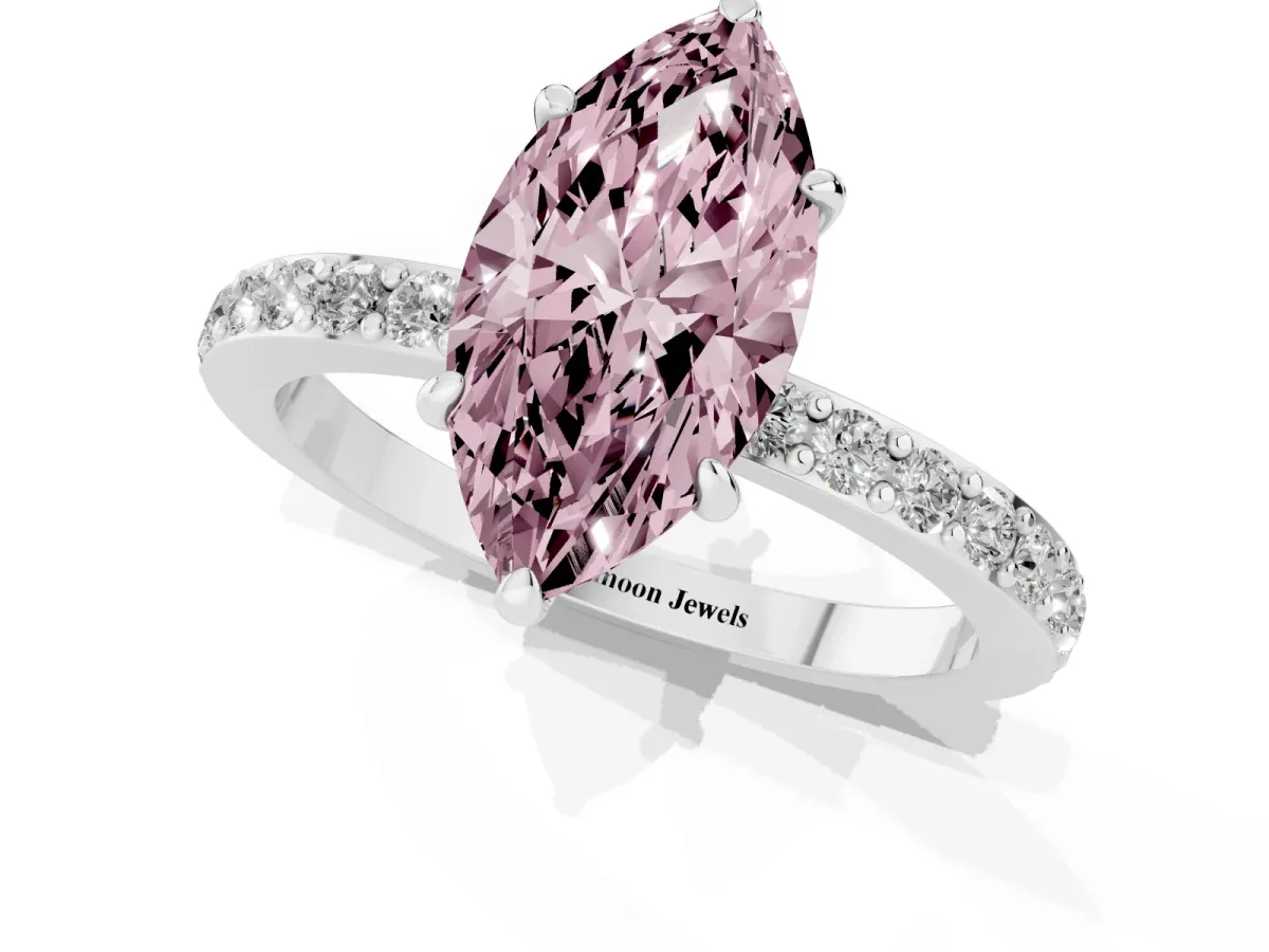 Fancy Pink Marquise Cut Diamond Pavé Engagement Ring with Round Accents and Prong Setting White gold