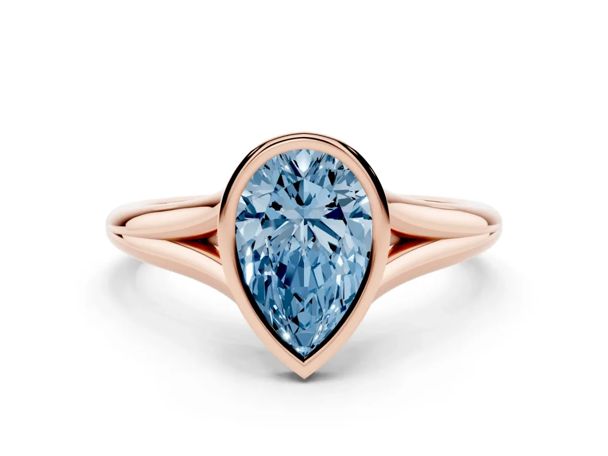 Fancy Blue Bezel Set Pear Cut Cut Solitaire Ring with Tapered Band Rose gold