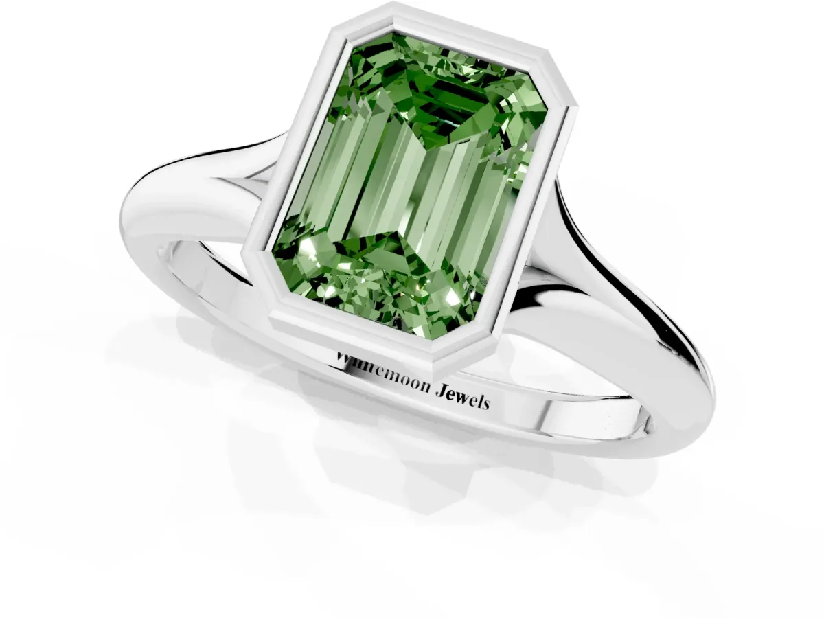 Fancy Green Bezel Set Emerald Cut Solitaire Diamond Ring with Smooth Band Silver