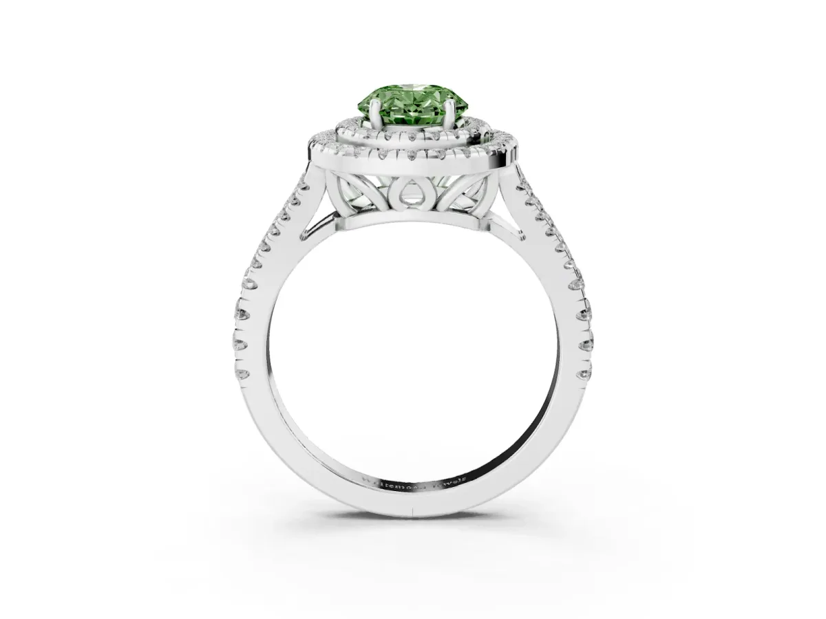 Fancy Green Oval Cut Diamond Double Halo Ring with Pavé Band and Prong Setting Silver