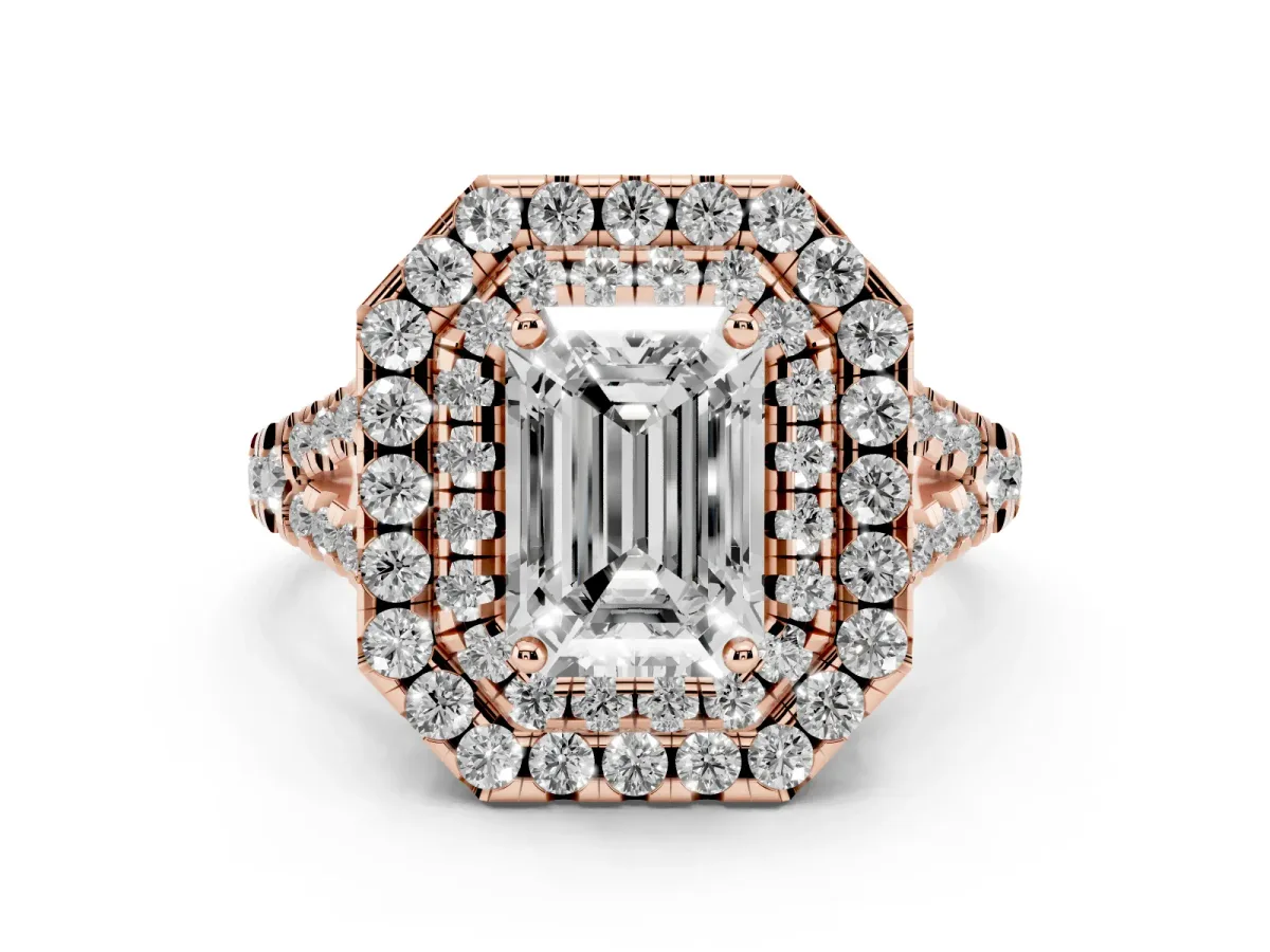 Double Halo Emerald Cut Diamond Pavé Split Shank Ring with Prong Setting Rose gold