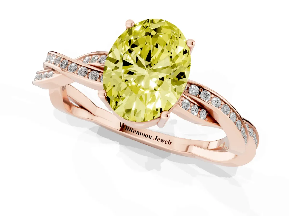 Fancy Yellow Oval Cut Solitaire Twisted Pave Diamond Ring with Four-Prong Setting Rose gold
