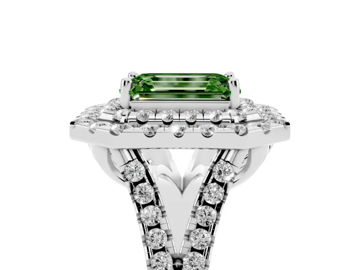 Fancy Green Double Halo Emerald Cut Diamond Pavé Split Shank Ring with Prong Setting White gold