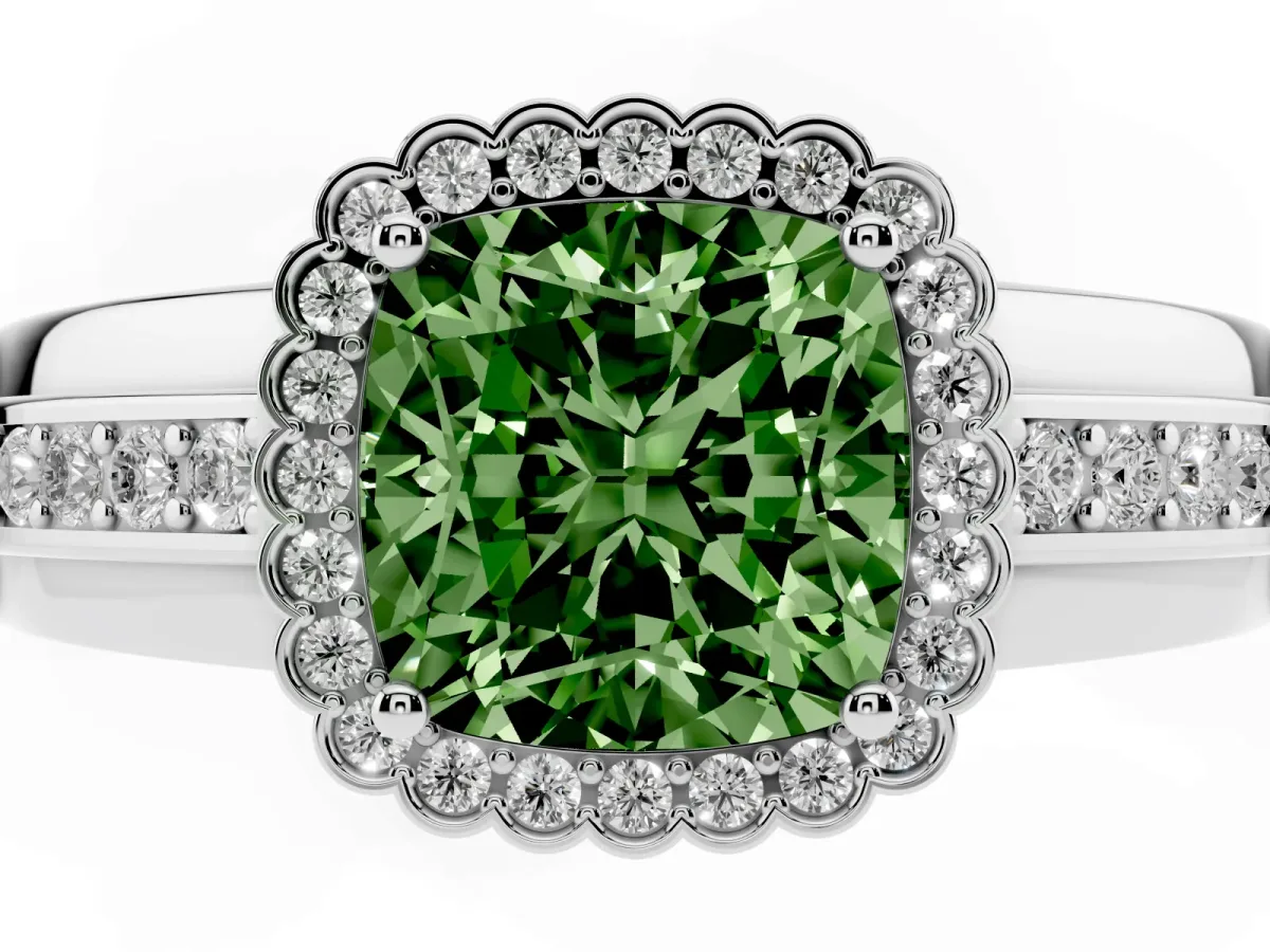 Fancy Green Cushion Cut Cut Halo Pave Band Four-Prong Ring Silver