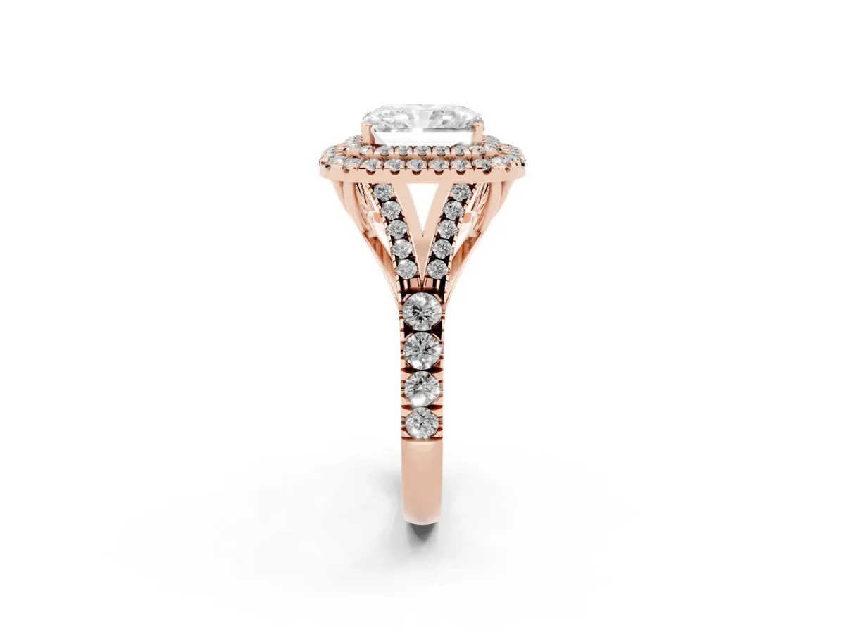 Radiant Cut Diamond Double Halo Ring with Split Shank and Prong Setting Rose gold