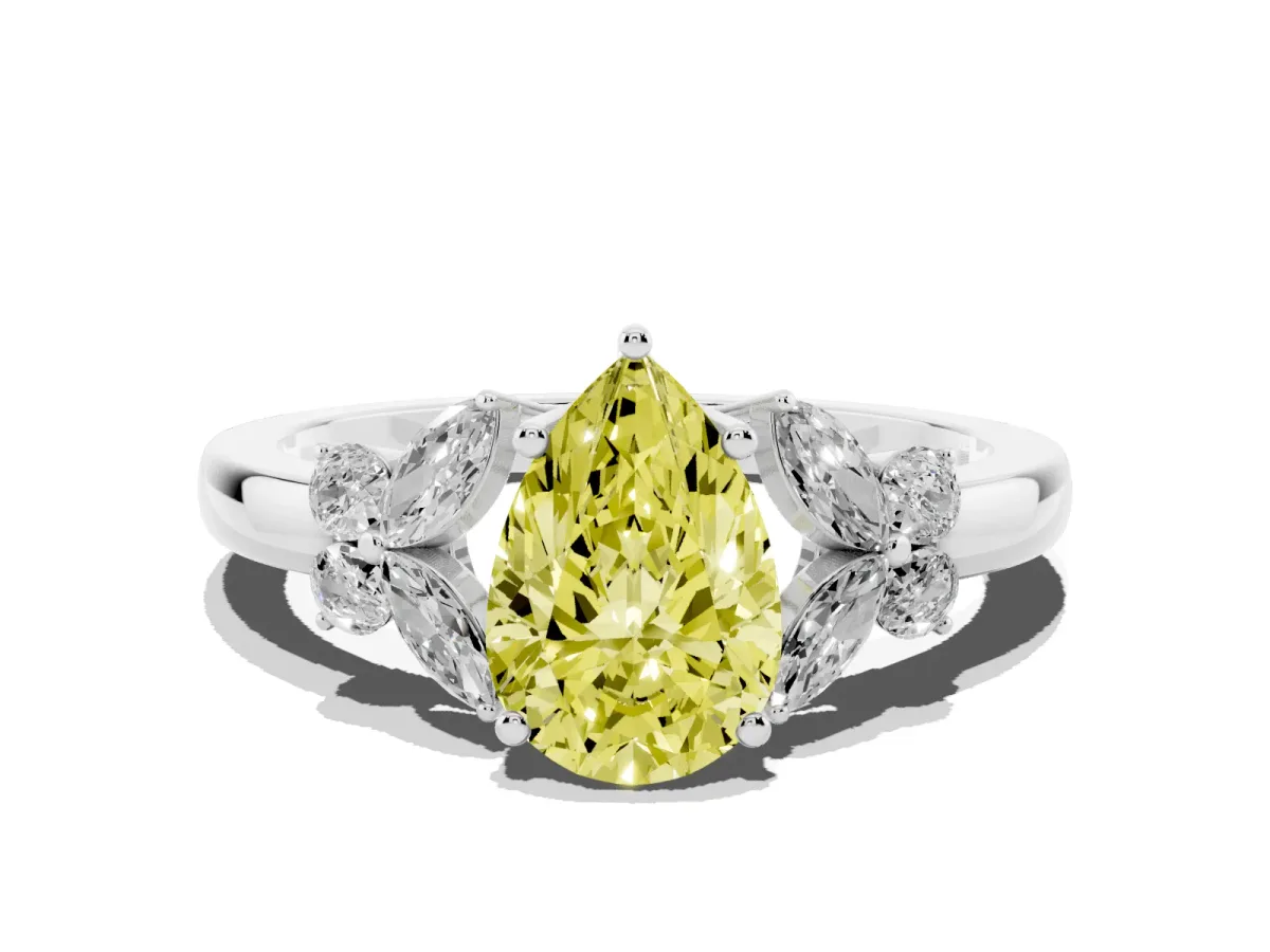 Fancy Yellow Pear Cut Cut Solitaire Floral Diamond Ring with Four-Prong Setting Platinum