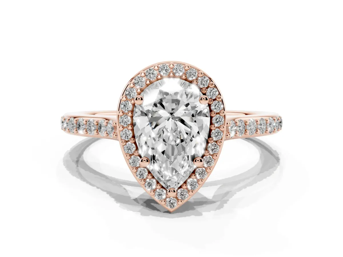 Pear Cut Diamond Halo Engagement Ring with Round Pavé Shoulders and Prong Setting Rose gold
