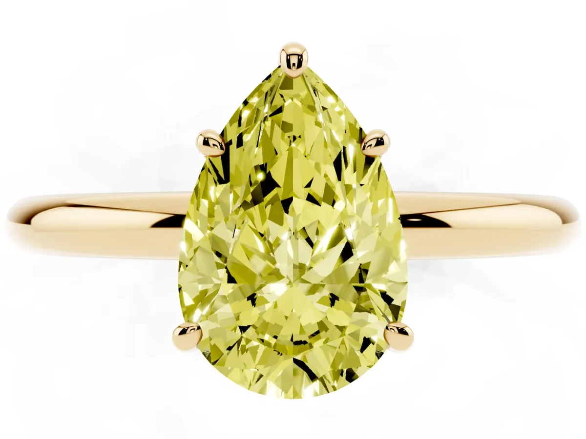 Fancy Yellow Pear Cut Solitaire Diamond Ring with Four-Prong Setting on a Plain Band Yellow gold