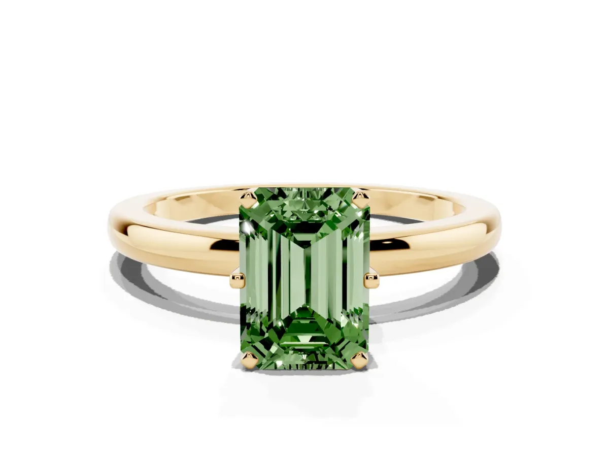 Fancy Green Emerald Cut Solitaire Diamond Ring with Six-Prong Setting on a Classic Band Yellow gold