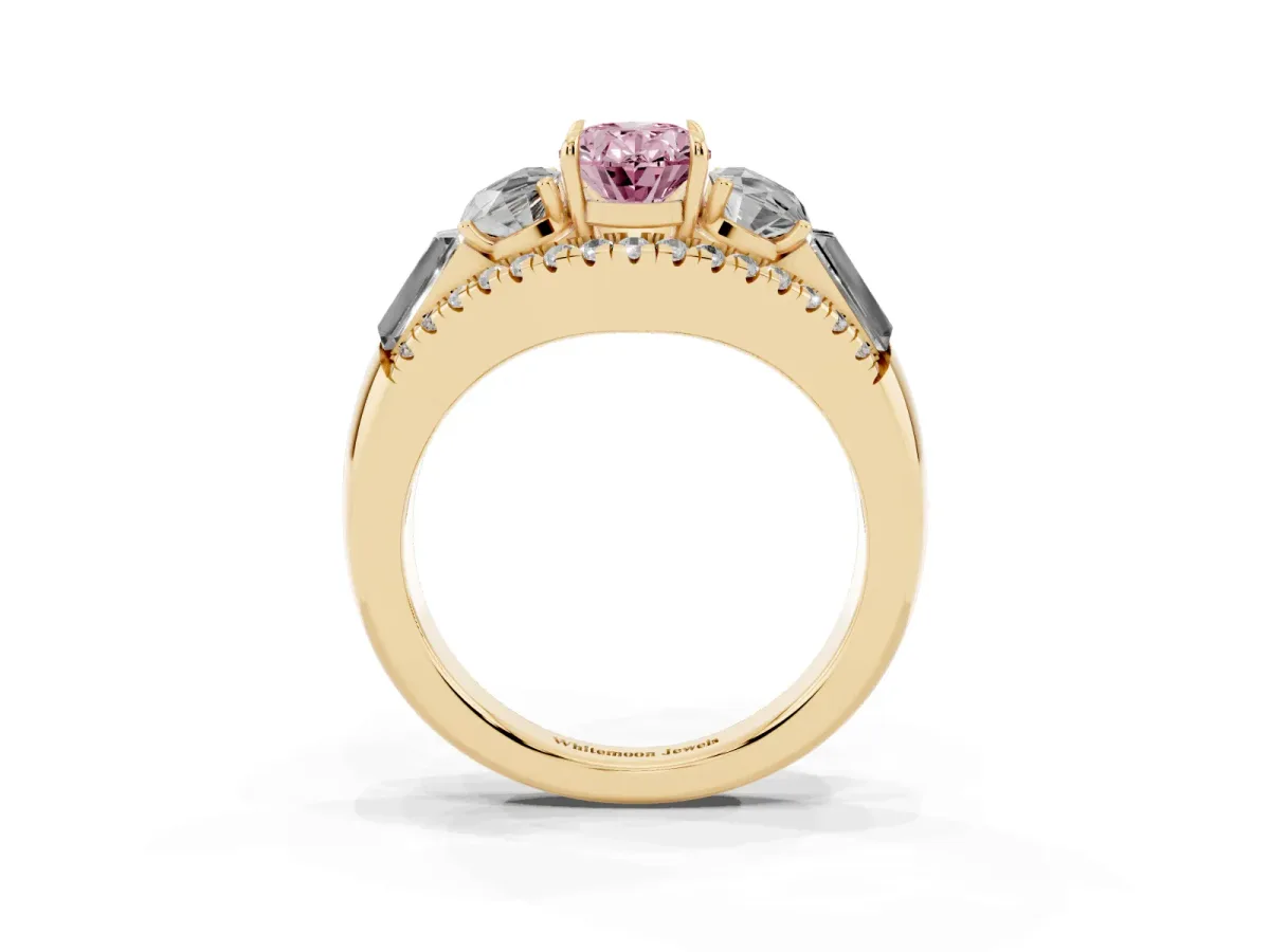 Fancy Pink Three-Stone Oval Cut Diamond Engagement Ring with Pave Band and Prong Setting Yellow gold