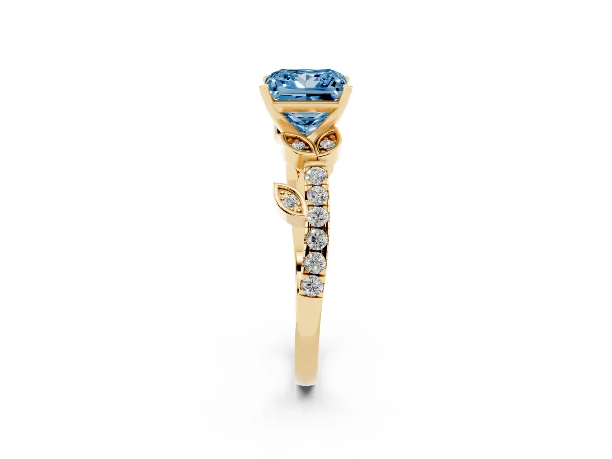 Fancy Blue Princess Cut Solitaire Leaf-Inspired Diamond Ring with Pavé Band and Four-Prong Setting Yellow gold