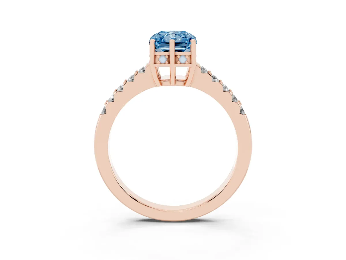 Fancy Blue Radiant Cut Solitaire Diamond Engagement Ring with Pavé Band and Six-Prong Setting Rose gold