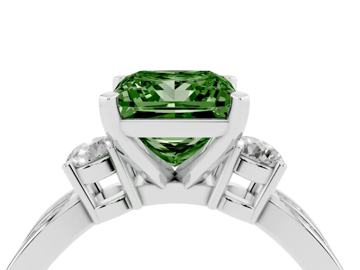 Fancy Green Three-Stone Princess Cut Cut Diamond Twist Band with Prong Setting Silver