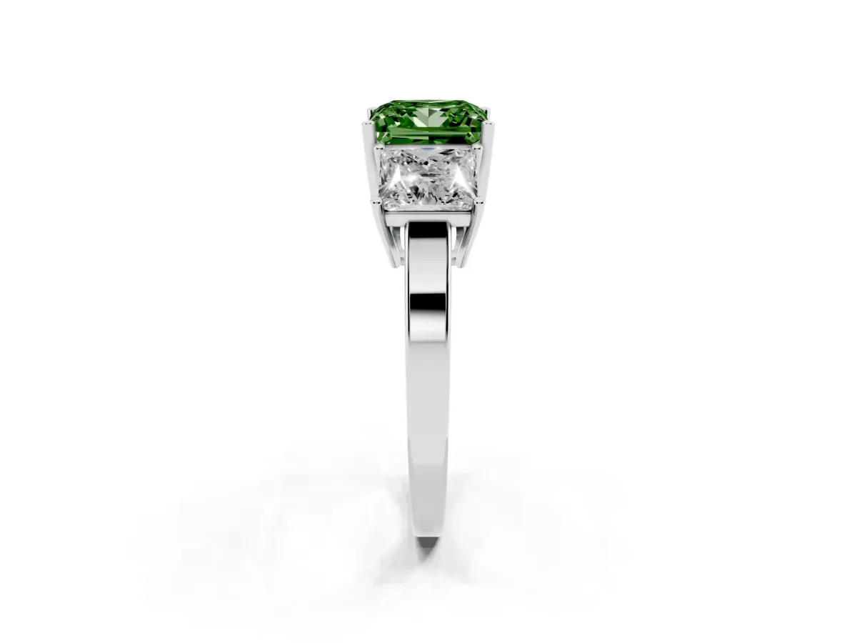 Fancy Green Three-Stone Princess Cut Cut Diamond Engagement Ring with Flat Band and Four-Prong Setting White gold