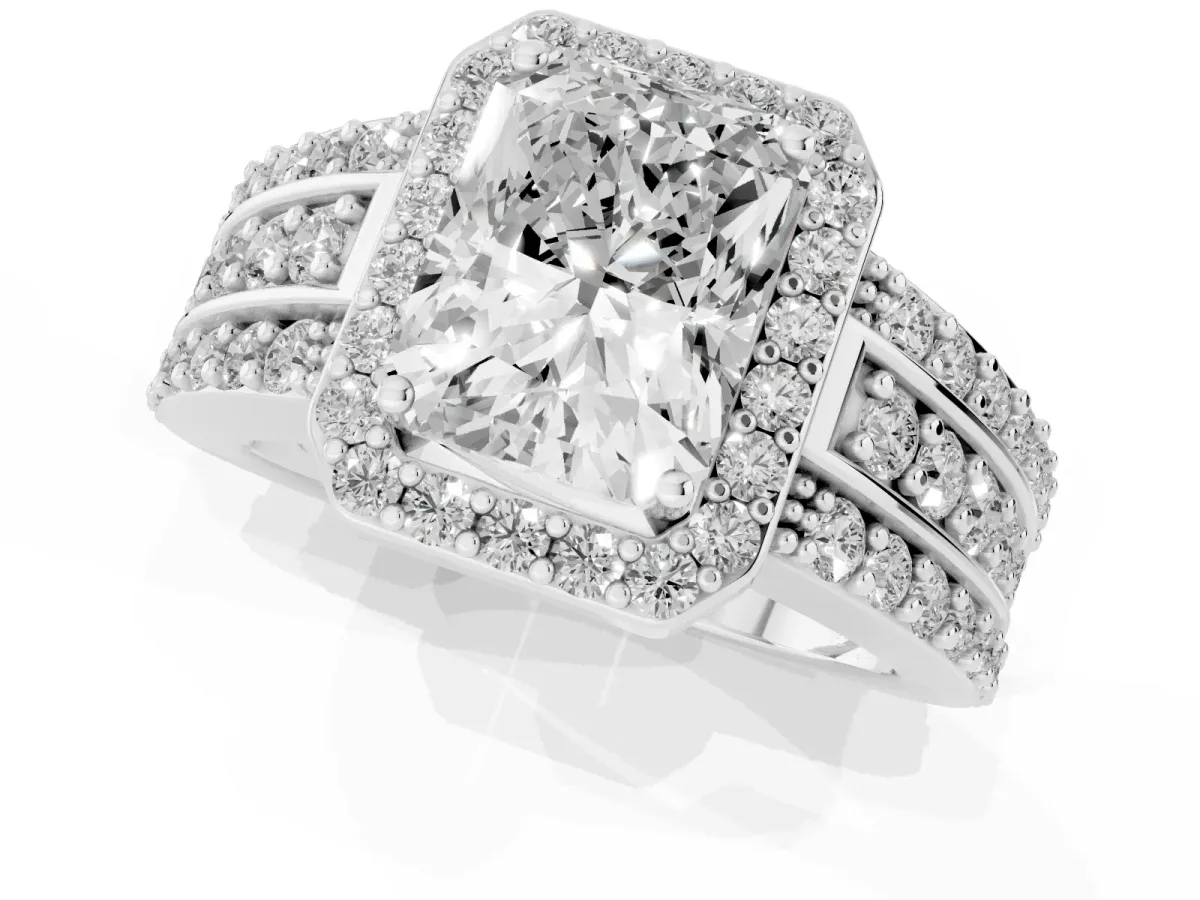 Radiant Cut Halo Diamond Ring with Round Split Shank and Prong Setting Silver