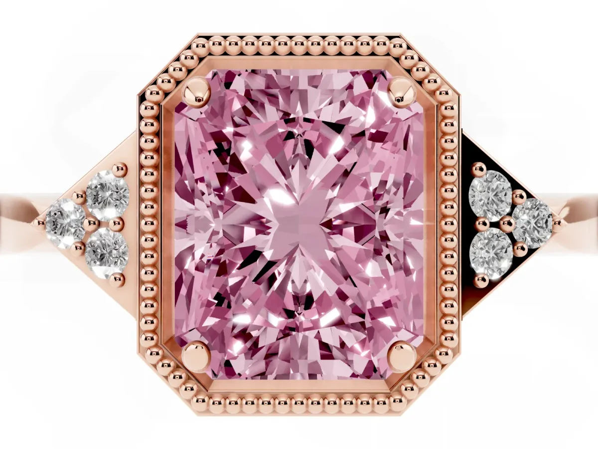 Fancy Pink Radiant Cut Diamond Halo Ring with Tapered Band and Four-Prong Setting Rose gold